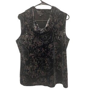 Womens Y2K Black Sleeveless Velvet Top With Floral Pattern & Cowl Neck L Retro W